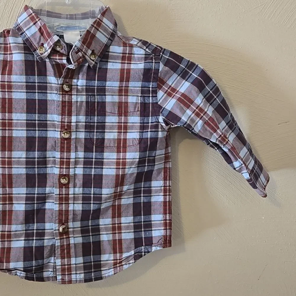 JANIE AND JACK PLAID OXFORD BUTTON DOWN DRESS SHIRT, SIZE 12-18 MONTHS